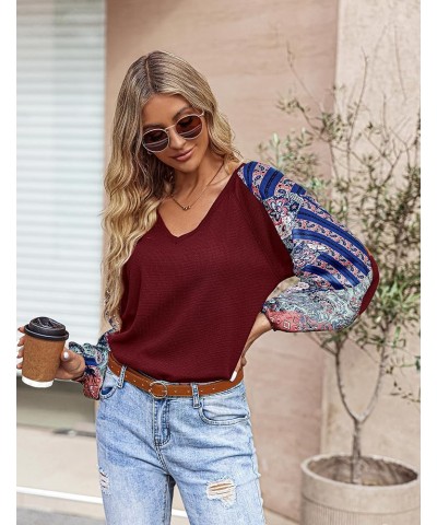 Boho Tops for Women Fall Fashion Casual V Neck Long Sleeve Shirt Waffle Hippie Loose Blouses Lantern Sleeve Tunics Wine Red $...