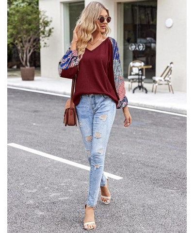 Boho Tops for Women Fall Fashion Casual V Neck Long Sleeve Shirt Waffle Hippie Loose Blouses Lantern Sleeve Tunics Wine Red $...