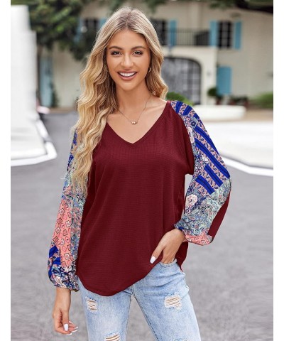 Boho Tops for Women Fall Fashion Casual V Neck Long Sleeve Shirt Waffle Hippie Loose Blouses Lantern Sleeve Tunics Wine Red $...