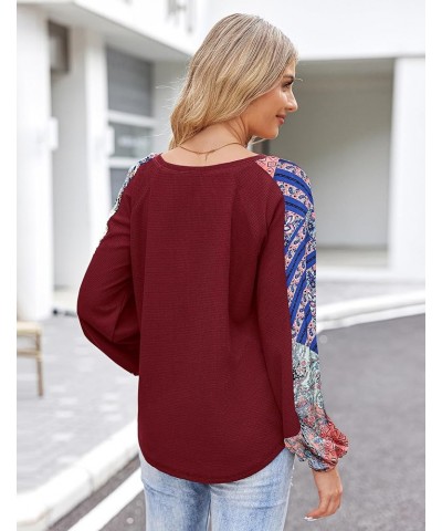 Boho Tops for Women Fall Fashion Casual V Neck Long Sleeve Shirt Waffle Hippie Loose Blouses Lantern Sleeve Tunics Wine Red $...