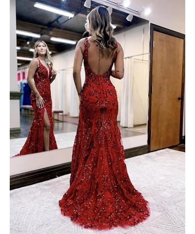 Women's V-Neck Prom Dresses with Slit Lace Appliques Evening Dresses Sequins Formal Party Dress XOD127 Navy Blue $46.74 Dresses