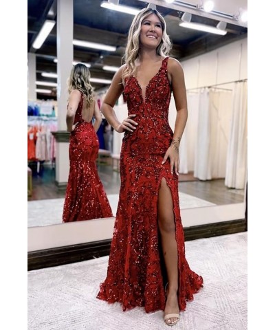 Women's V-Neck Prom Dresses with Slit Lace Appliques Evening Dresses Sequins Formal Party Dress XOD127 Navy Blue $46.74 Dresses