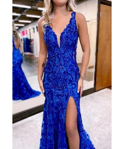 Women's V-Neck Prom Dresses with Slit Lace Appliques Evening Dresses Sequins Formal Party Dress XOD127 Navy Blue $46.74 Dresses