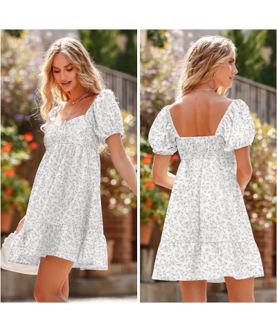 Women's 2024 Summer Dress,Square & Sweetheart Neck Dress Short Puff Sleeve A-Line Casual Mini Dress E: Floral White $12.40 Dr...