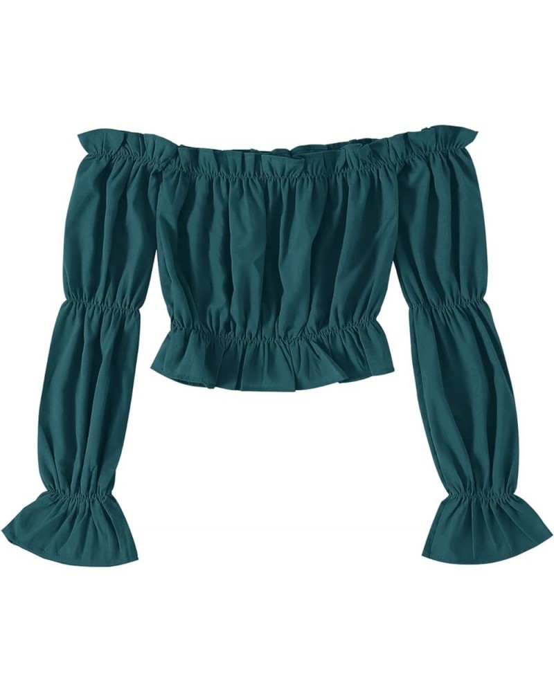 Women's Off Shoulder Ruffle Trim Puff Long Sleeve Tube Crop Blouse Shirt Top Deep Teal $13.92 Blouses