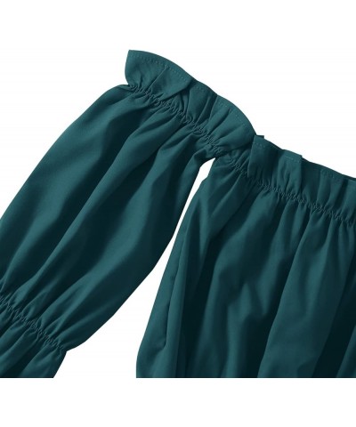 Women's Off Shoulder Ruffle Trim Puff Long Sleeve Tube Crop Blouse Shirt Top Deep Teal $13.92 Blouses