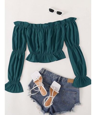 Women's Off Shoulder Ruffle Trim Puff Long Sleeve Tube Crop Blouse Shirt Top Deep Teal $13.92 Blouses