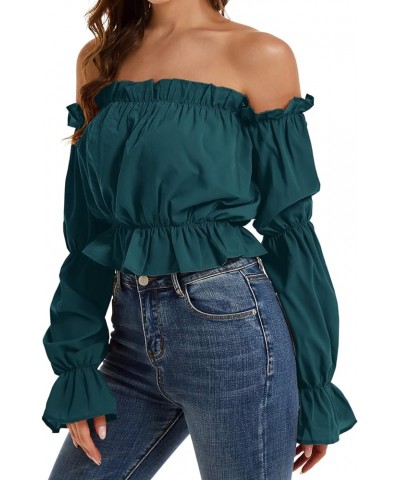 Women's Off Shoulder Ruffle Trim Puff Long Sleeve Tube Crop Blouse Shirt Top Deep Teal $13.92 Blouses