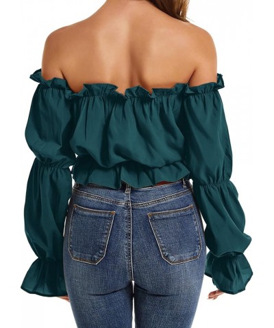 Women's Off Shoulder Ruffle Trim Puff Long Sleeve Tube Crop Blouse Shirt Top Deep Teal $13.92 Blouses