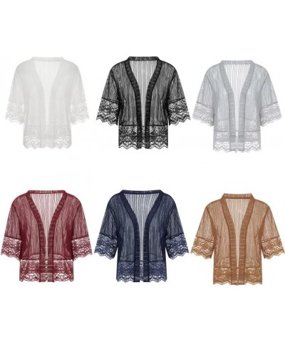 Women Casual Lace Crochet Cardigan Short Sleeve Sheer Cover Up Jacket Ruffle Open Front Blouse Tops Summer Kimono Cardigans A...