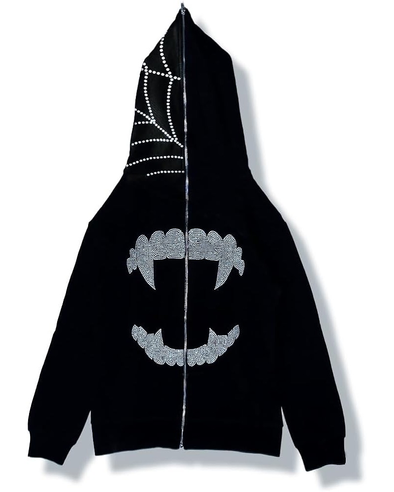 Y2k Skeleton Full Zip Up Hoodies Women Men Rhinestone Skull Graphic Print Sweatshirt Gothic Oversized Jackets O-black $12.49 ...