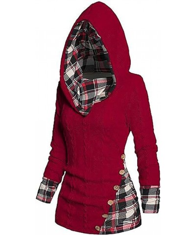 Plaid Splicing Button Decor Cable Hoodie,Womens Casual Long Sleeve Pullover Fall Winter Sweatshirt Red Medium $20.64 Hoodies ...