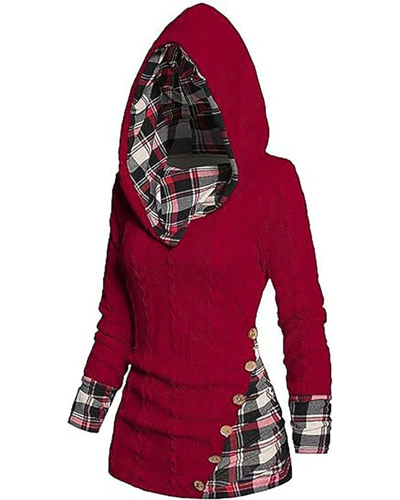 Plaid Splicing Button Decor Cable Hoodie,Womens Casual Long Sleeve Pullover Fall Winter Sweatshirt Red Medium $20.64 Hoodies ...