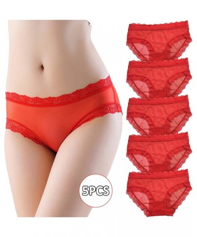 Transparent Lingerie Low Color Breathable Women's Underpants Sexy Fashion 5PCS Mesh Lace Solid Waist Long Ling Red $11.39 Lin...