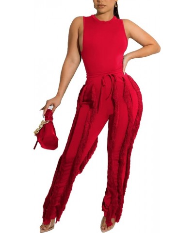 Women's 2 Piece Outfits Sleeveless Tanks Top High Waist Fringe Long Pants Casual Tassels Bodycon Yoga Pants All Red $17.64 Ac...