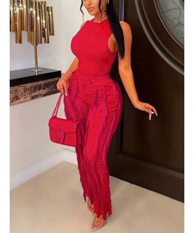 Women's 2 Piece Outfits Sleeveless Tanks Top High Waist Fringe Long Pants Casual Tassels Bodycon Yoga Pants All Red $17.64 Ac...