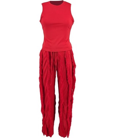 Women's 2 Piece Outfits Sleeveless Tanks Top High Waist Fringe Long Pants Casual Tassels Bodycon Yoga Pants All Red $17.64 Ac...