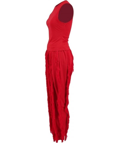 Women's 2 Piece Outfits Sleeveless Tanks Top High Waist Fringe Long Pants Casual Tassels Bodycon Yoga Pants All Red $17.64 Ac...