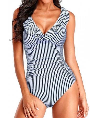 Women's Ruffle One Piece Swimsuits Tummy Control Bathing Suit V Neck Swimwear Slimming for Teen Girls Striped $19.71 Swimsuits