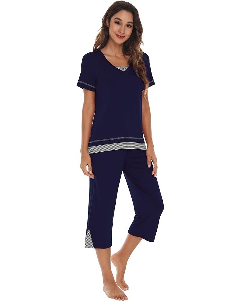 Pajamas Set for Women Summer Sleepwear Soft Tops Capri Pants Viscsoe from Bamboo Lounge Pjs S-XXL A-navy $25.19 Sleep & Lounge