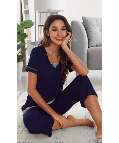 Pajamas Set for Women Summer Sleepwear Soft Tops Capri Pants Viscsoe from Bamboo Lounge Pjs S-XXL A-navy $25.19 Sleep & Lounge