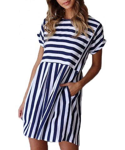 Womens Summer Striped Short Sleeve T-Shirt Dresses Casual Swing Aline Dresses with Pocket 02 Navy Blue $14.70 Dresses