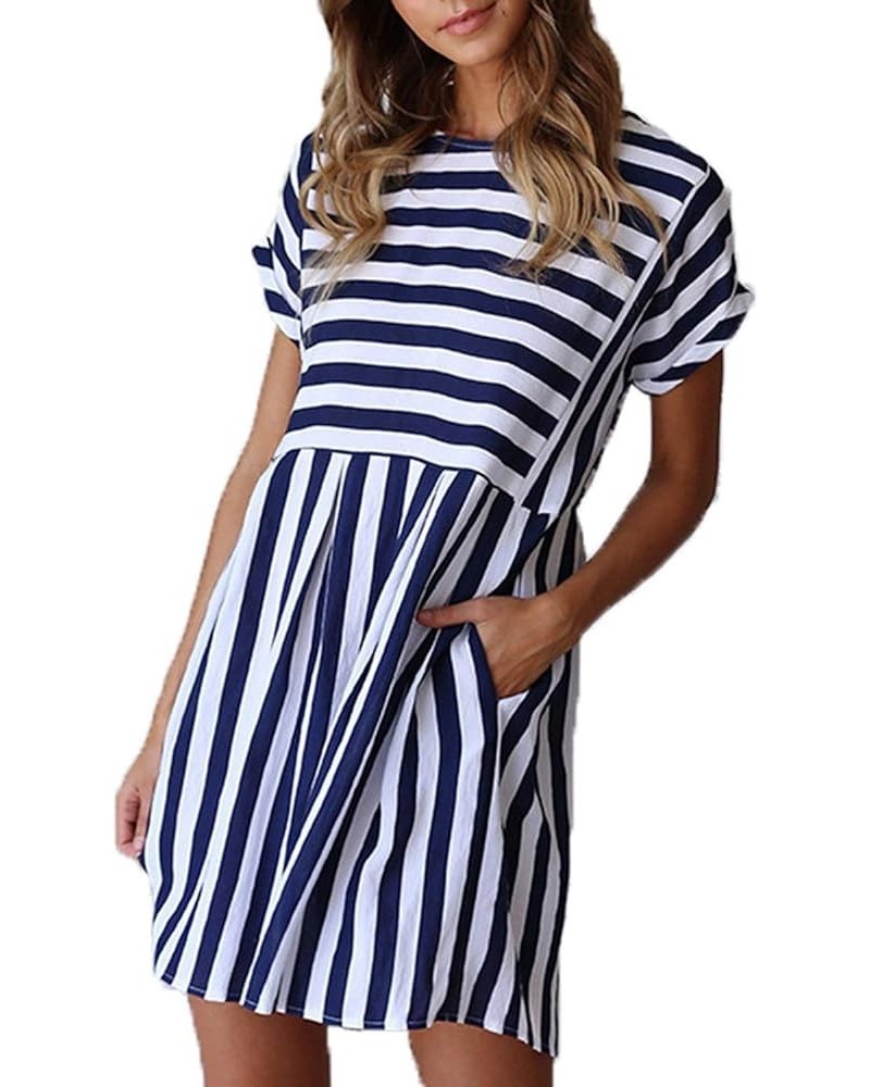 Womens Summer Striped Short Sleeve T-Shirt Dresses Casual Swing Aline Dresses with Pocket 02 Navy Blue $14.70 Dresses