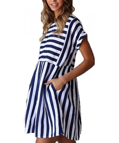 Womens Summer Striped Short Sleeve T-Shirt Dresses Casual Swing Aline Dresses with Pocket 02 Navy Blue $14.70 Dresses