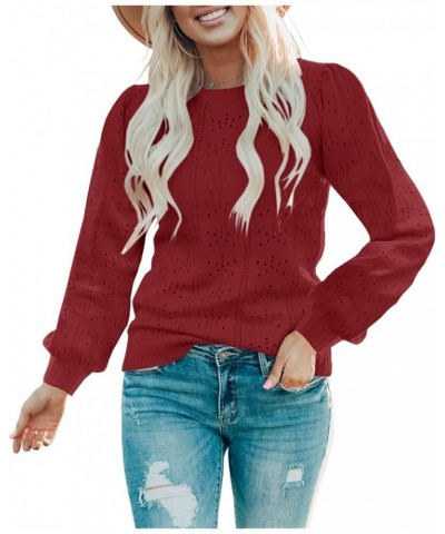 Womens Cute Puff Long Sleeve Pullover Sweaters Soft Lightweight Crewneck Fall Knitted Sweater Tops Wine Red $24.93 Sweaters