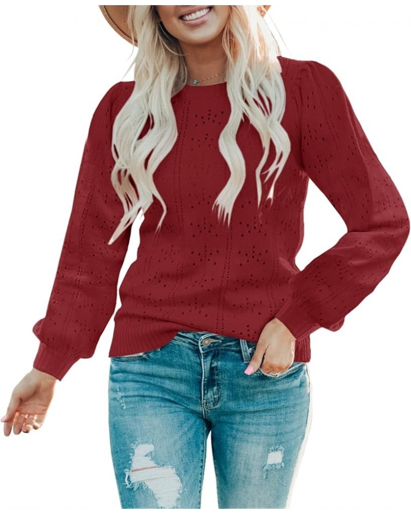 Womens Cute Puff Long Sleeve Pullover Sweaters Soft Lightweight Crewneck Fall Knitted Sweater Tops Wine Red $24.93 Sweaters