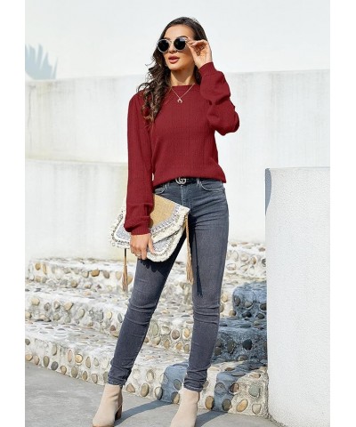 Womens Cute Puff Long Sleeve Pullover Sweaters Soft Lightweight Crewneck Fall Knitted Sweater Tops Wine Red $24.93 Sweaters