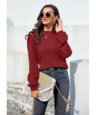 Womens Cute Puff Long Sleeve Pullover Sweaters Soft Lightweight Crewneck Fall Knitted Sweater Tops Wine Red $24.93 Sweaters