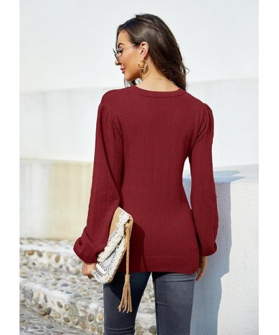 Womens Cute Puff Long Sleeve Pullover Sweaters Soft Lightweight Crewneck Fall Knitted Sweater Tops Wine Red $24.93 Sweaters