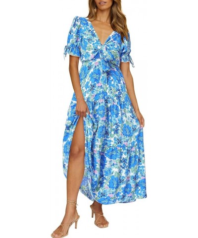 Women's 2024 Summer Boho Dress Tie Front Deep V Neck Cutout Short Sleeve Floral Casual Party Beach Maxi Dresses Big Floral Wh...