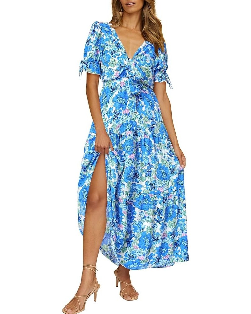 Women's 2024 Summer Boho Dress Tie Front Deep V Neck Cutout Short Sleeve Floral Casual Party Beach Maxi Dresses Big Floral Wh...