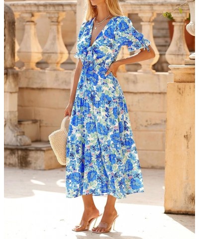 Women's 2024 Summer Boho Dress Tie Front Deep V Neck Cutout Short Sleeve Floral Casual Party Beach Maxi Dresses Big Floral Wh...