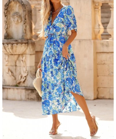 Women's 2024 Summer Boho Dress Tie Front Deep V Neck Cutout Short Sleeve Floral Casual Party Beach Maxi Dresses Big Floral Wh...