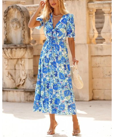 Women's 2024 Summer Boho Dress Tie Front Deep V Neck Cutout Short Sleeve Floral Casual Party Beach Maxi Dresses Big Floral Wh...