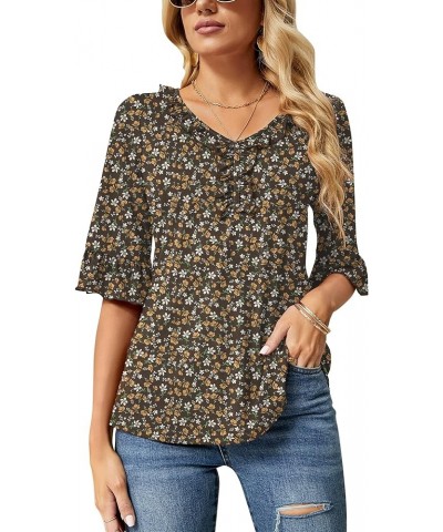 Women's Casual V Neck T Shirts Loose Summer 3/4 Bell Sleeve/Puff Long Sleeve Tops Ruffle Tunic Blouses Brown Floral Print $8....