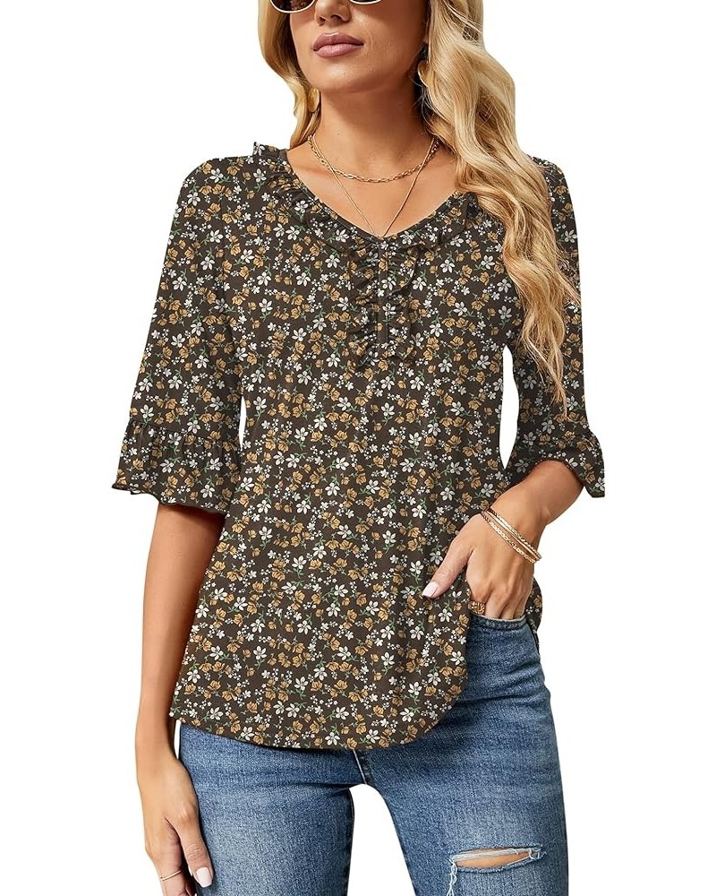 Women's Casual V Neck T Shirts Loose Summer 3/4 Bell Sleeve/Puff Long Sleeve Tops Ruffle Tunic Blouses Brown Floral Print $8....