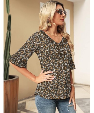 Women's Casual V Neck T Shirts Loose Summer 3/4 Bell Sleeve/Puff Long Sleeve Tops Ruffle Tunic Blouses Brown Floral Print $8....