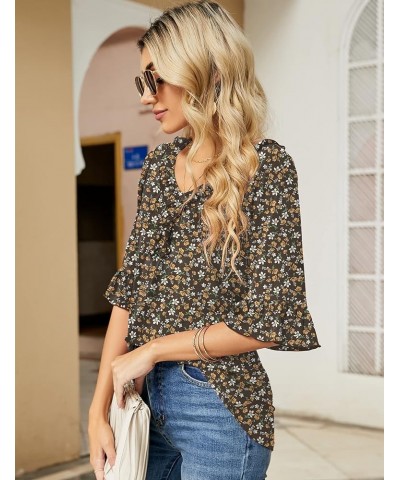 Women's Casual V Neck T Shirts Loose Summer 3/4 Bell Sleeve/Puff Long Sleeve Tops Ruffle Tunic Blouses Brown Floral Print $8....