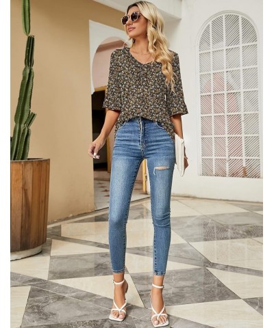 Women's Casual V Neck T Shirts Loose Summer 3/4 Bell Sleeve/Puff Long Sleeve Tops Ruffle Tunic Blouses Brown Floral Print $8....