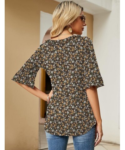 Women's Casual V Neck T Shirts Loose Summer 3/4 Bell Sleeve/Puff Long Sleeve Tops Ruffle Tunic Blouses Brown Floral Print $8....