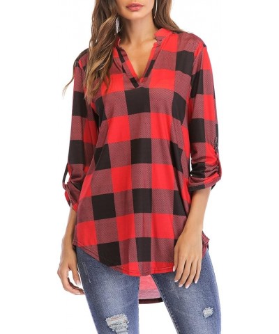 St. Jubileens Women Roll-Up 3/4 Sleeve Plaid Shirt Tunic V Neck Casual Pullover Blouses Tops Red $11.75 Tops