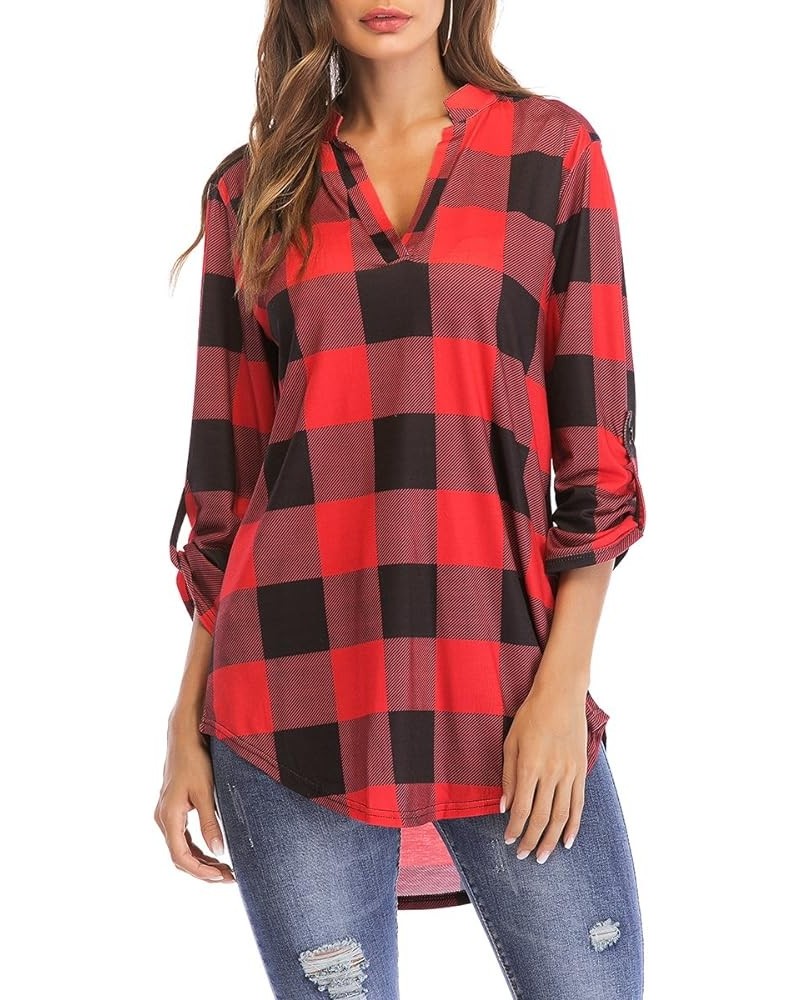 St. Jubileens Women Roll-Up 3/4 Sleeve Plaid Shirt Tunic V Neck Casual Pullover Blouses Tops Red $11.75 Tops