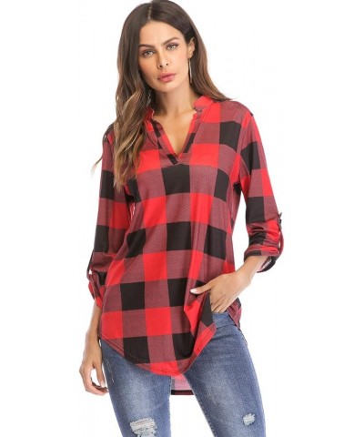 St. Jubileens Women Roll-Up 3/4 Sleeve Plaid Shirt Tunic V Neck Casual Pullover Blouses Tops Red $11.75 Tops