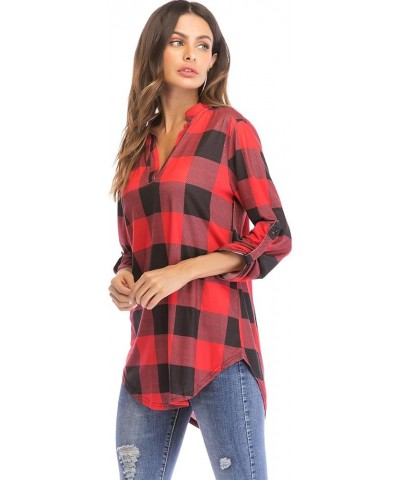 St. Jubileens Women Roll-Up 3/4 Sleeve Plaid Shirt Tunic V Neck Casual Pullover Blouses Tops Red $11.75 Tops