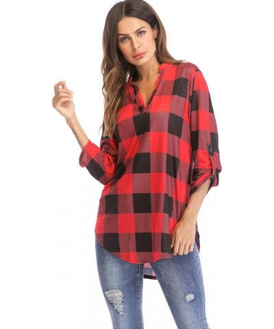 St. Jubileens Women Roll-Up 3/4 Sleeve Plaid Shirt Tunic V Neck Casual Pullover Blouses Tops Red $11.75 Tops