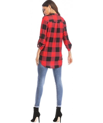 St. Jubileens Women Roll-Up 3/4 Sleeve Plaid Shirt Tunic V Neck Casual Pullover Blouses Tops Red $11.75 Tops